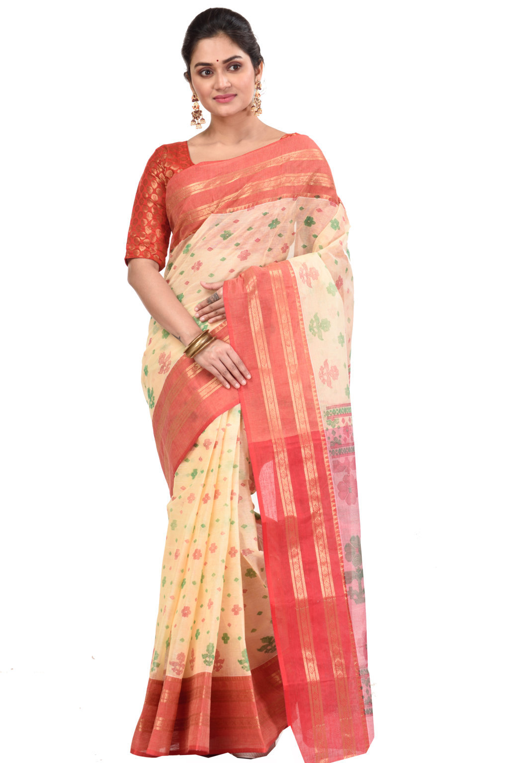 Red Pure Cotton FullBall Print Tant Saree Print (434)